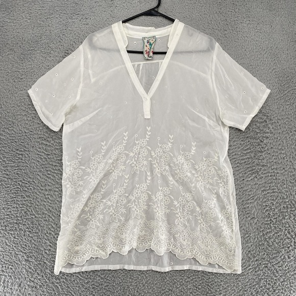 Johnny Was Tops - Johnny Was Sheer Tunic Top‎ Womens Medium Tulia Embroidered Floral Eyelet Boho